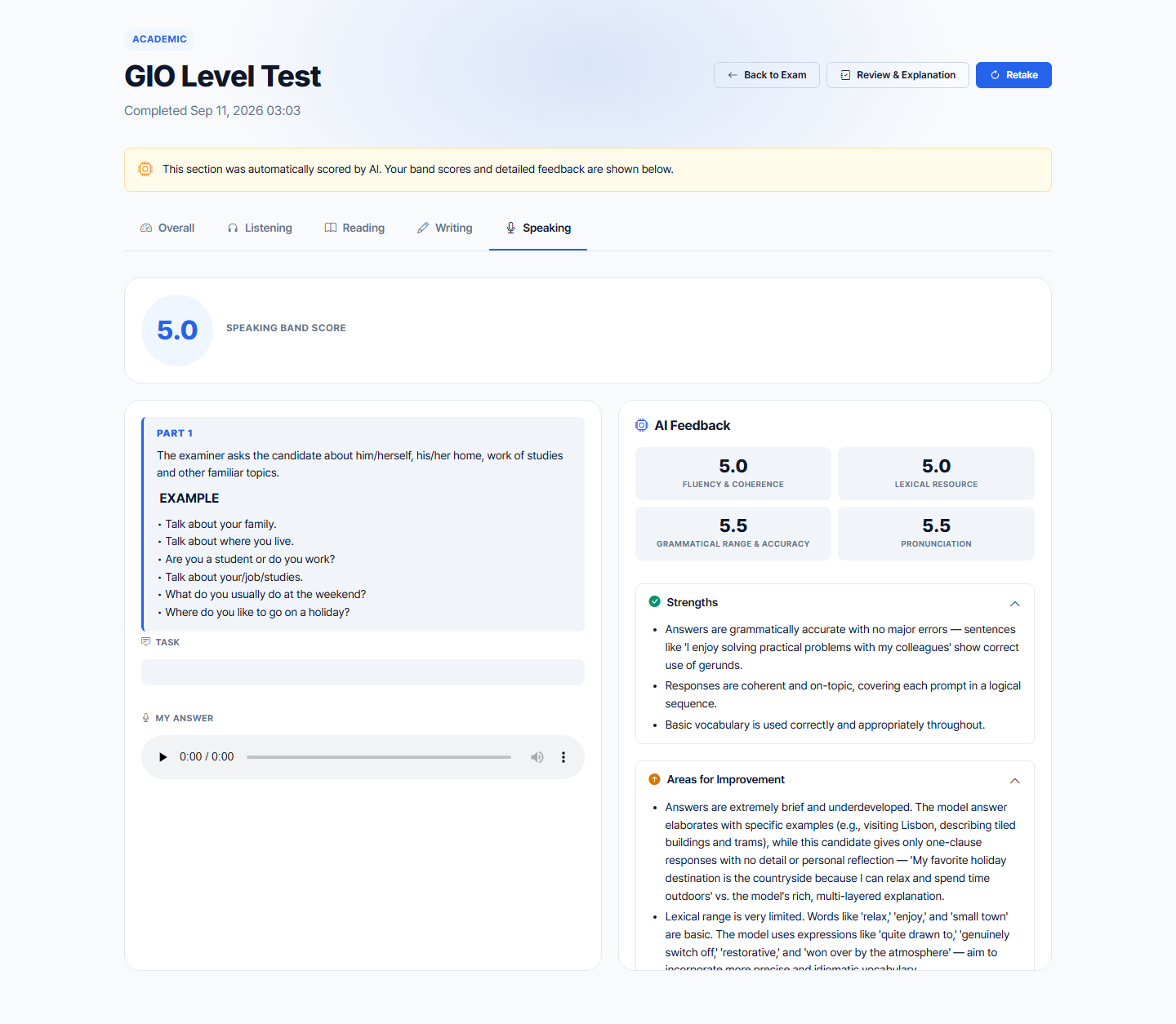 GIO speaking feedback summary screen