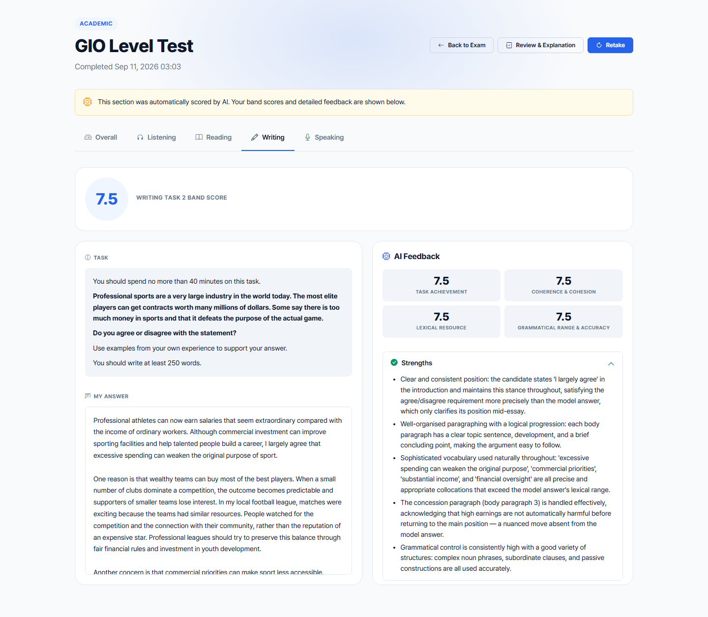 GIO writing feedback screen